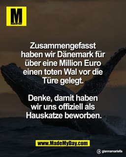 Zusammengefasst
haben wir Dänemark für
über eine Million Euro
einen toten Wal vor die
Türe gelegt.
Denke, damit ha