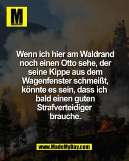 Wenn ich hier am Waldrand
noch einen Otto sehe, der
seine Kippe aus dem
Wagenfenster schmeißt,
könnte es sein, dass ich